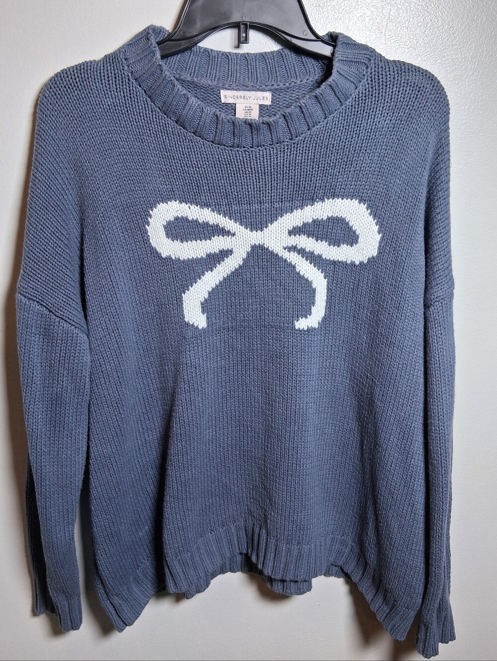 Sincerely Jules Blue Bow Intarsia Shaker Knit Crewneck Sweater Size Med